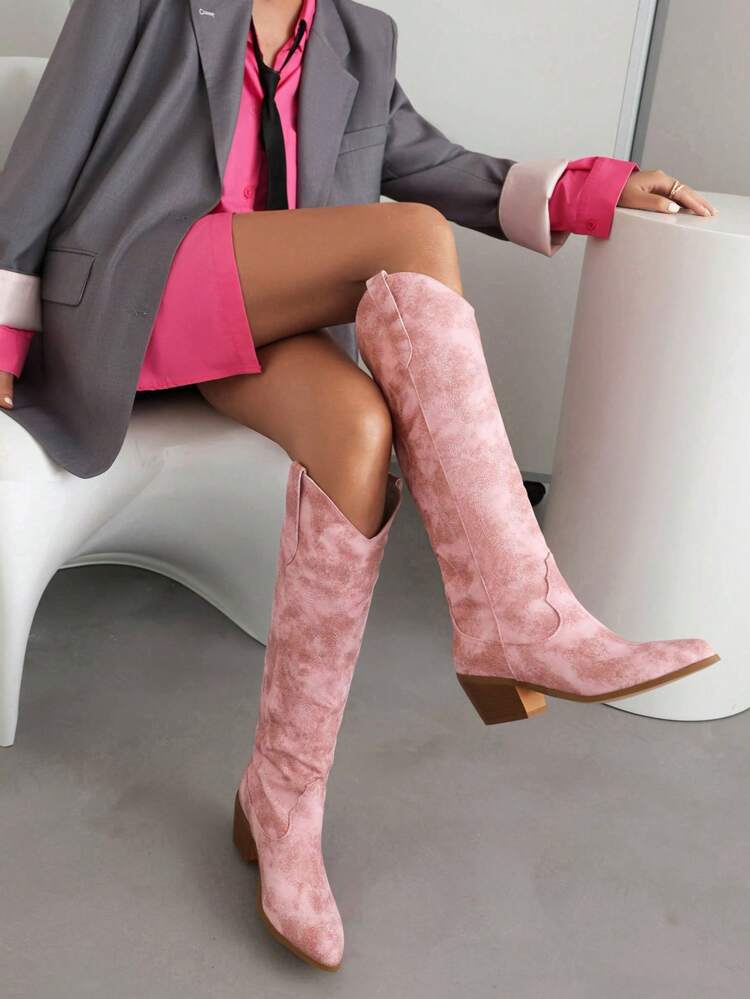 Wear With Cardigan Women's Pointed Toe Pull-On Western Boots With Chunky High Heels In Embroidered & Suede Design, Style With Corset Fall/Winter