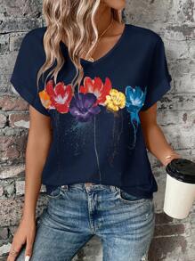 EMERY ROSE Floral Print Batwing Sleeve Blouse - Navy Blue - View 5