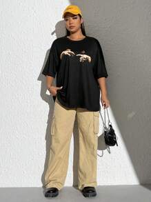 CovetEZ 加上蝴蝶和图案落肩夏季 T 恤 - 黑色 - 查看 5