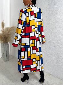 Slaydiva Abrigo con estampado geométrico de cuello con solapa - Multicolor - Ver 2