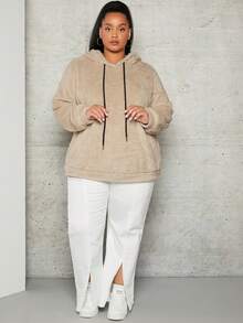 SHEIN CURVE+ Sudadera tipo teddy con cordón para tallas grandes - Albaricoque - Ver 4