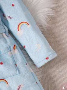 Young Girl Rainbow & Cloud Print Hooded Belted Flannel Robe - Baby Blue - View 4