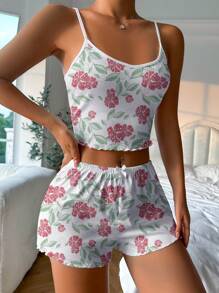 Floral Print Lettuce Trim Cami Top & Shorts PJ Set / Pajama Set - Multicolor - View 5