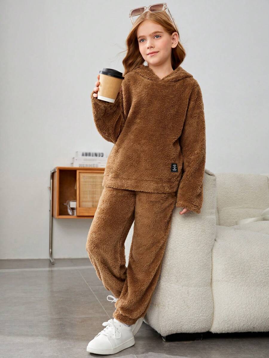 SHEIN Cô gái Tween Thư được vá Flannel Áo Hoodie & Quần - màu nâu - Xem 1