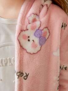 SHEIN Young Girl Cartoon and Letter Print Hooded Belted Flannel Sleep Robe - Pink - View 5