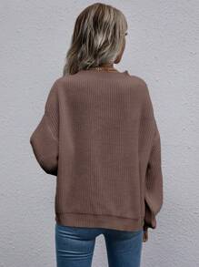 SHEIN Frenchy Chất rắn Thả vai Đồ đan Ribbed Áo len - màu nâu - Xem 2