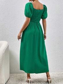 Chiquease Tie Front Split Thigh Puff Sleeve Dress Maxi Women Outfit - Green - View 2