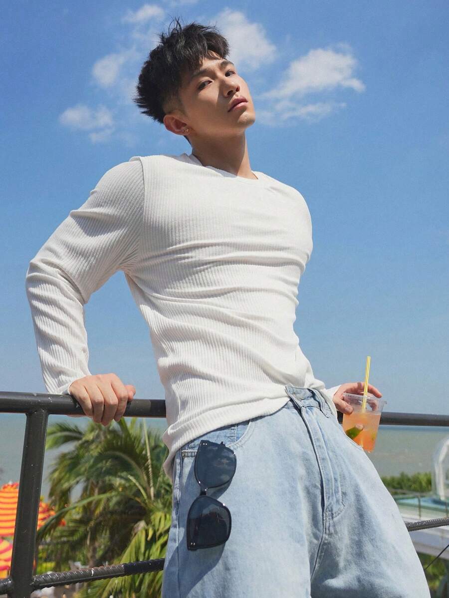 DAZY 男士圆领白色长袖T恤，秋季 - 白色 - 查看 1