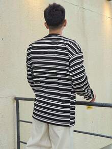 DAZY Men Striped Print Drop Shoulder Tee - Black and White - View 2