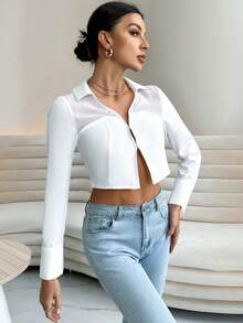 SHEIN Essnce Chất rắn Cắt ra Mùa vụ Áo sơ mi - trắng - Xem 5