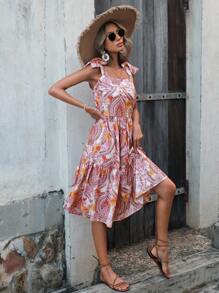 RueChic Floral Print Knot Shoulder Ruffle Hem Cami Dress - Multicolor - View 6