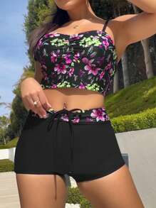 花卉印花綁帶坦克泳衣 - 彩色 - 查看 7