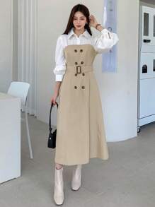 DAZY 双色双排扣腰带二合一正装衬衫裙，秋季服装 - 卡其色 - 查看 4
