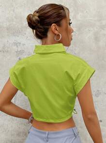 SHEIN ICON 翻蓋細節側抽繩短款襯衫 - 青檸色 - 查看 2