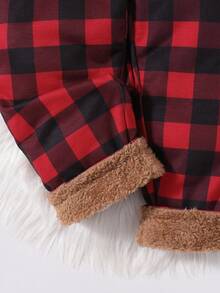 SHEIN 年轻男孩休闲宽松红黑格子印花泰迪熊内衬连帽连体裤，秋冬季