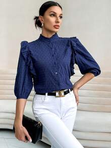 SHEIN Privé Viền Ruffle Cổ giả Nút phía trước Áo sơ mi - Màu xanh hải quân - Xem 4