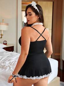 Plus 6pcs Contrast Lace Mesh Maid Costume Dress & Choker - Black and White - View 2