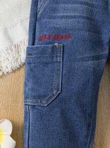 Baby Girl Letter Embroidery Pocket Jeans - Light Wash - View 4