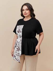 Mulvari Hơn In Địa lý Viền không đối xứng Áo thun - màu đen - Xem 6