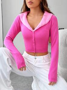 SHEIN MOD 羊絨領口短款開衫 - 玫紅色 - 查看 5