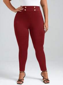 SHEIN Clasi 大碼高腰紐扣細節緊身打底褲 - 酒紅色 - 查看 6
