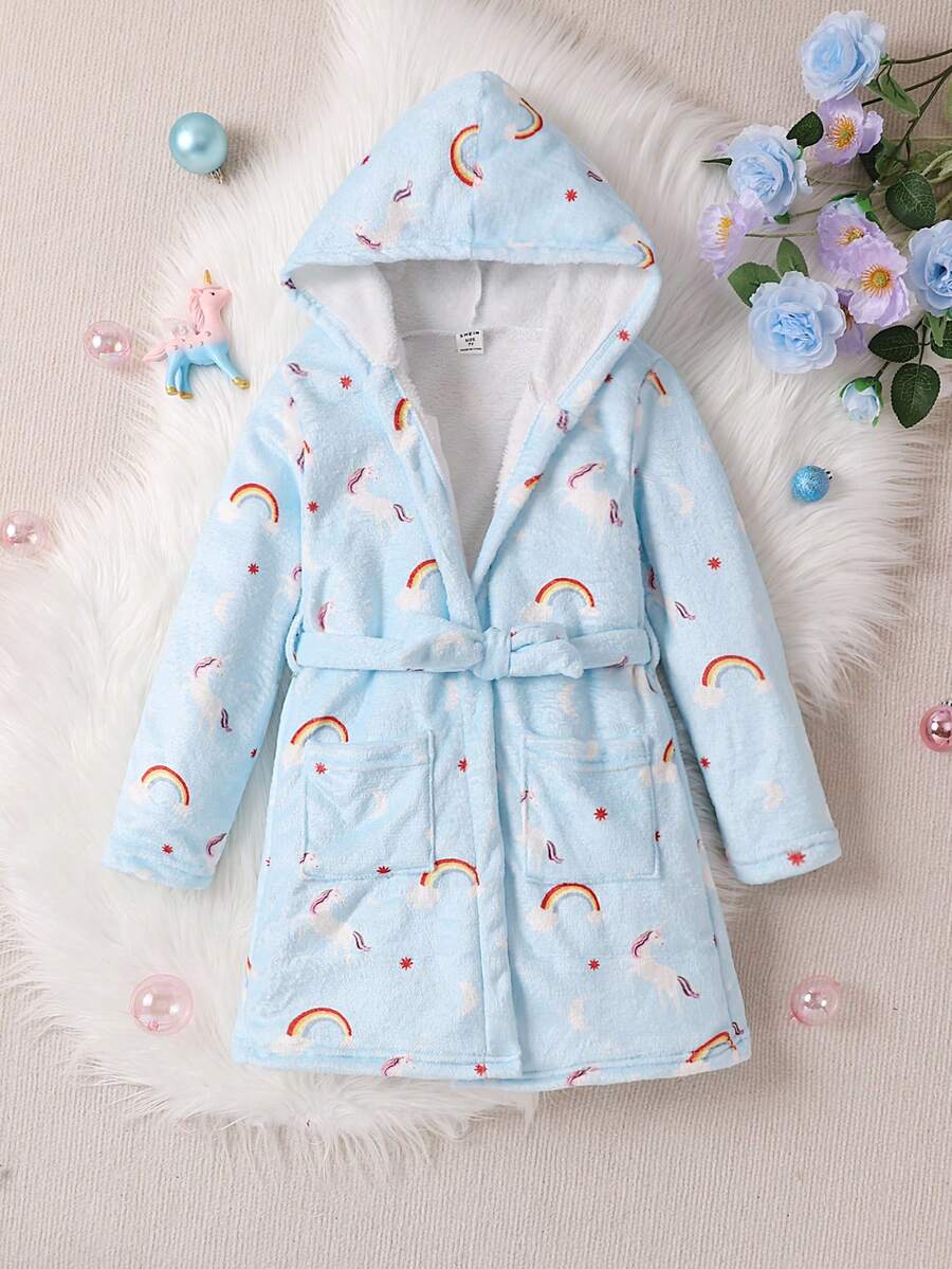 Young Girl Rainbow & Cloud Print Hooded Belted Flannel Robe - Baby Blue - View 1