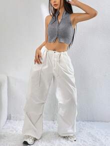 SHEIN EZwear Zip Up Crop Knit Top - Grey - View 6