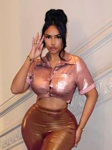 SHEIN SXY Button Front Crop Metallic Blouse - Pink - View 1