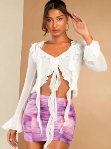 SHEIN BAE Ruffle Trim Flare Sleeve Knot Front Crop Blouse - White - View 5