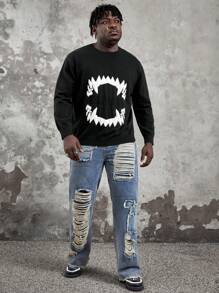 Manfinity VCAY Men Plus Halloween Graphic Pattern Sweater, For Fall Winter - Black - View 3