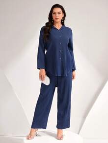 Mulvari Plus Solid Button Front Shirt & Pants - Navy Blue - View 4