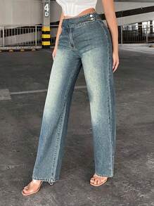 SHEIN ICON Cắt bỏ eo Quần legging thẳng - Rửa nhẹ - Xem 5