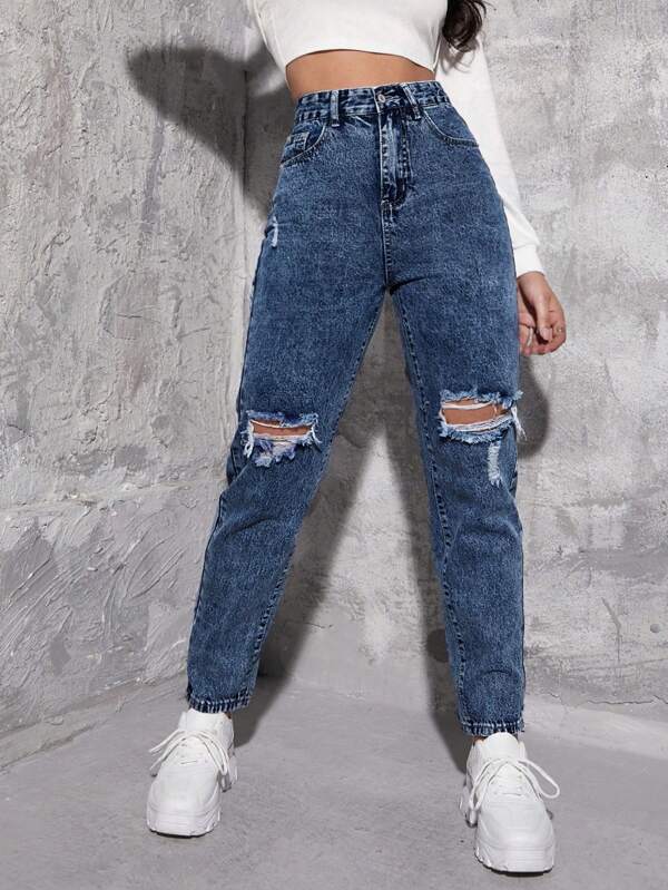 SHEIN Ripped Mom Fit Jeans