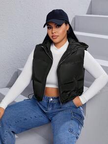 SHEIN EZwear Áo khoác đệm có khóa kéo viền rút Plus không có áo phông - màu đen - Xem 6