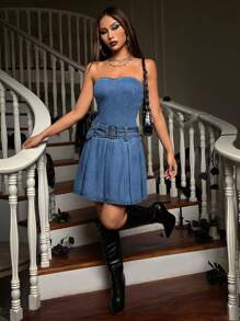 SHEIN ICON Halloween Solid Belted Denim Tube Dress - Medium Wash - View 4