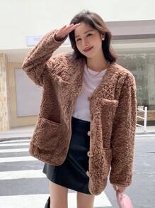 DAZY Dual Pocket Button Front Teddy Coat - Khaki - View 4