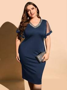 SHEIN Clasi 大碼拼接網紗袖亮片拼接洋裝 - 藏蓝色 - 查看 5