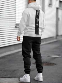 Manfinity Homme 男士字母圖案落肩袖連帽衫和運動褲 - 黑與白 - 查看 1