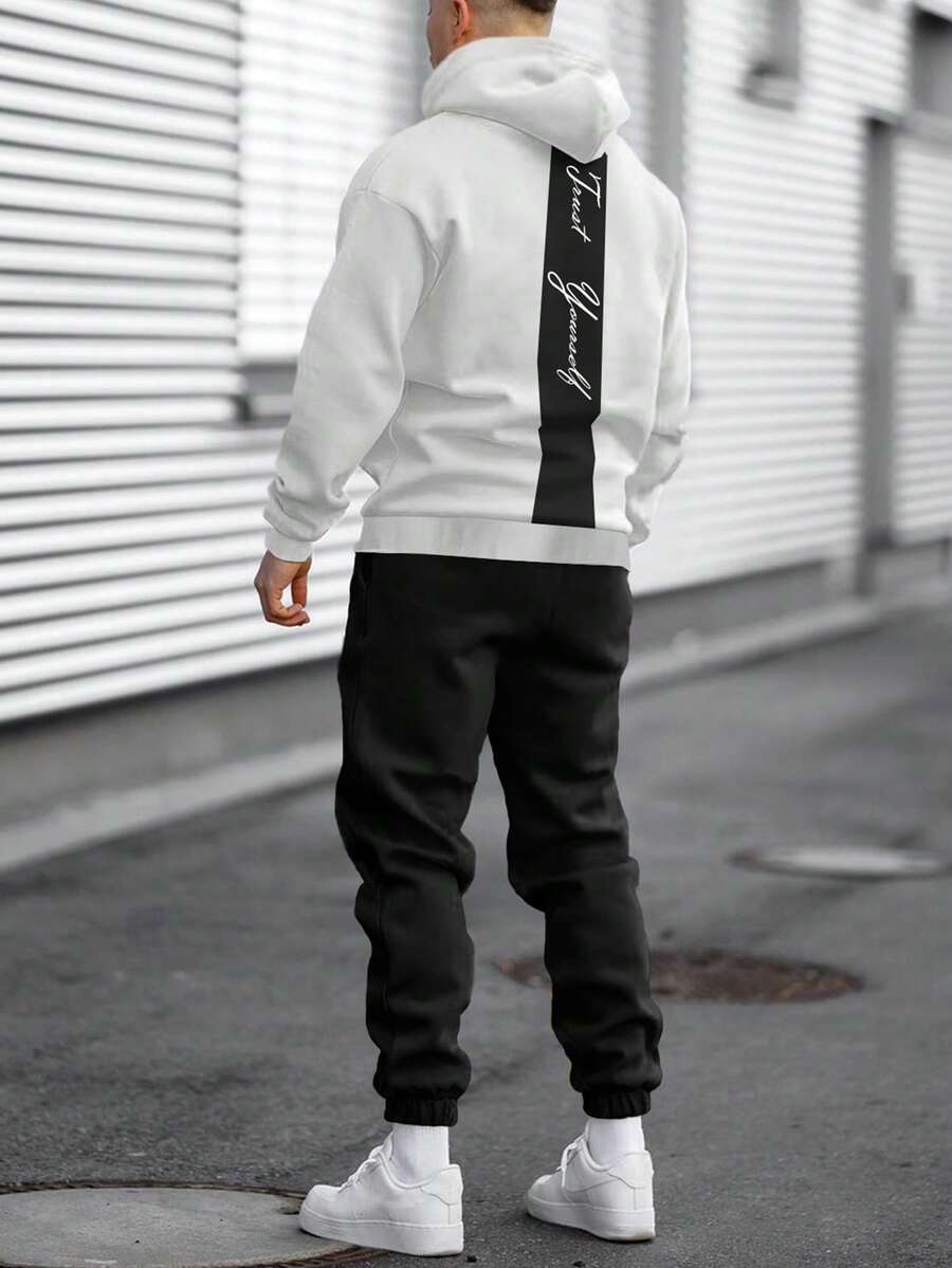 Manfinity Homme 男士字母圖案落肩袖連帽衫和運動褲 - 黑與白 - 查看 1