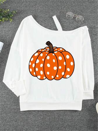 Pumpkin Print Asymmetrical Neck Sweatshirt