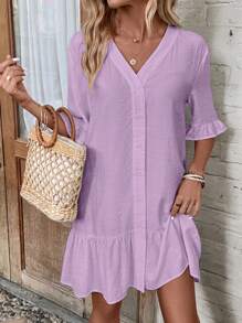 SHEIN LUNE 喇叭袖荷葉邊和服罩衫 - 紫丁香色 - 查看 1