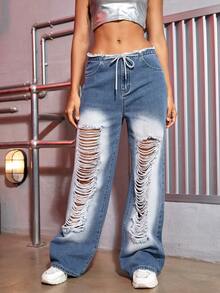 街腰部抽繩破洞未經加工腰闊腿牛仔褲 - 中等水洗藍 - 查看 6