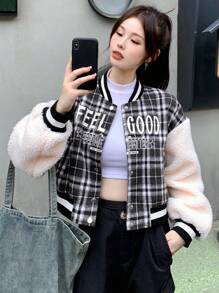 DAZY Đồ họa Chữ cái Kẻ sọc Tartan Thả vai Quá lớn Áo khoác bomber - Nhiều màu - Xem 4