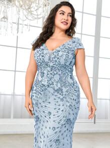 BluePlum High Quality Elastic Sequin V-Neck Fitted Mermaid Hem Design Plus Size Solid Color Elegant Luxury Maxi Dress, Enhances Feminine Charm, Suitable For Parties, Graduations, Weddings, Events, Galas And Balls, Women's Formal Gown (Deluxe Edition) - Dusty Blue - View 6