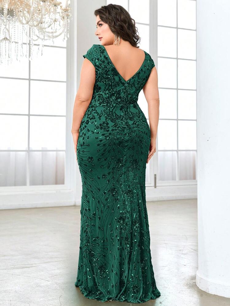 XUIBOL Summer High Quality Elastic Sequin V-Neck Cover Sleeves With Slim Fit And Fishtail Hem Design, Plus Size Featuring A Solid Color Elegant And Luxurious Long Dress For Women, Making Women Younger And More Charming, Suitable For Various Parties, Graduations, Weddings, Events And Various Banquets And Dancing Parties, Formal Ball Gown For Women (Deluxe Edition) - Dark Green - View 2