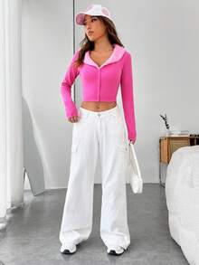 SHEIN MOD 羊絨領口短款開衫 - 玫紅色 - 查看 3