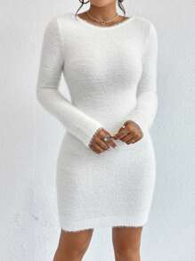 Firerie Solid Bodycon Sweater Dress, Fall And Winter, Elegant, White, Longsleeve, Crewneckl - White - View 3
