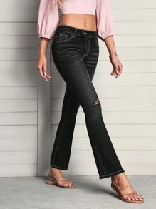 SHEIN EZwear 破洞牛仔喇叭褲 - 黑色 - 查看 1