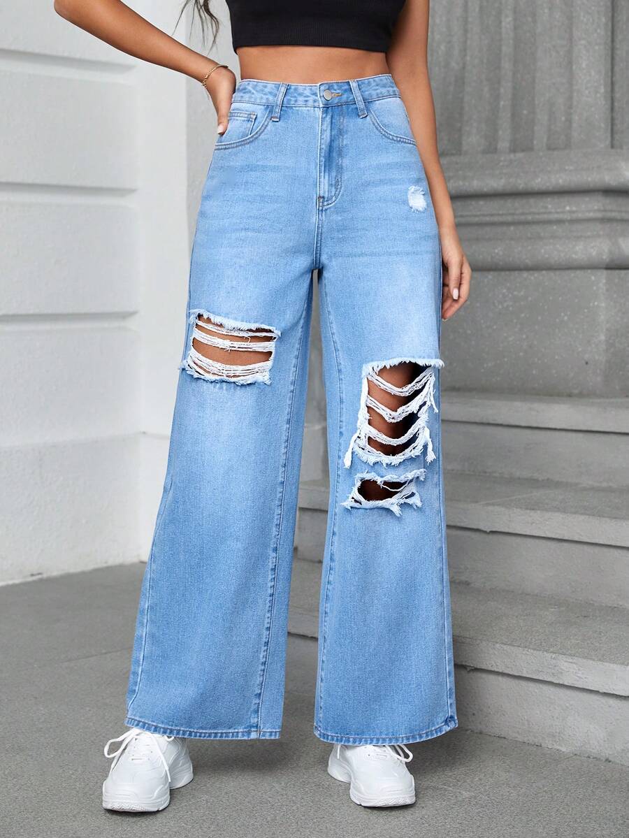SHEIN Essnce Ripped Wide Leg Jeans - Light Wash - View 1