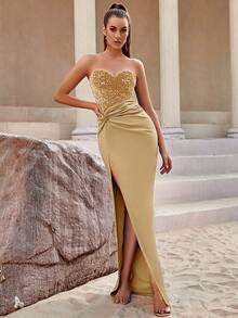 Tương phản Sequin Tách đùi Ống Đầm Party - Rượu sâm banh - Xem 4